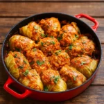 Lentil and Rice Stuffed Cabbage Rolls in Tomato Sauce