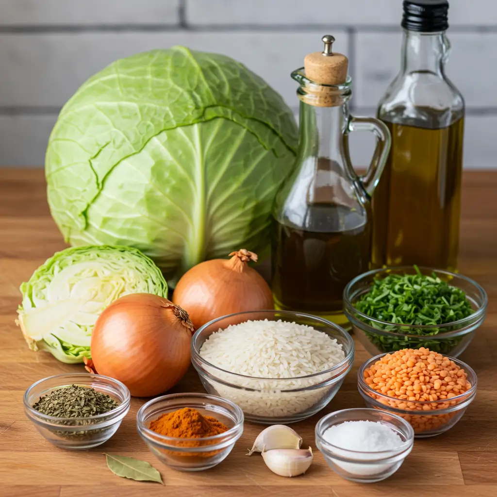 Ingredients for Lentil and Rice Stuffed Cabbage Rolls