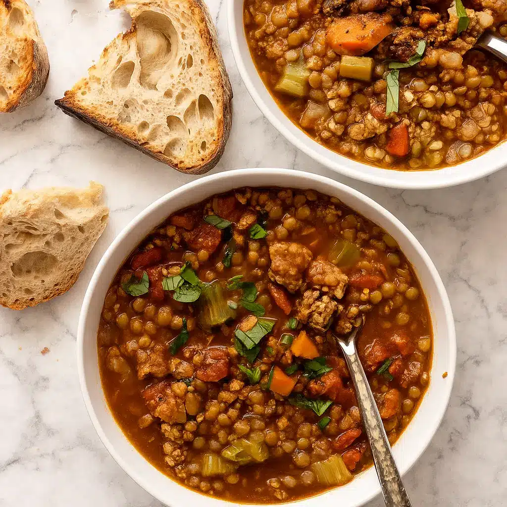 Lentil Turkey Soup in a bowl with carrots and turkey