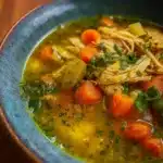 Mediterranean Chicken Soup in rustic bowl