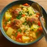 Mexican Albondigas Soup Recipe bowl with meatballs and vegetables