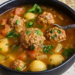 Mexican Meatball Soup served in a bowl with fresh herbs