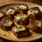 Mouthwatering Steak Bites in Garlic Butter with Creamy Parmesan Sauce in cast iron skillet