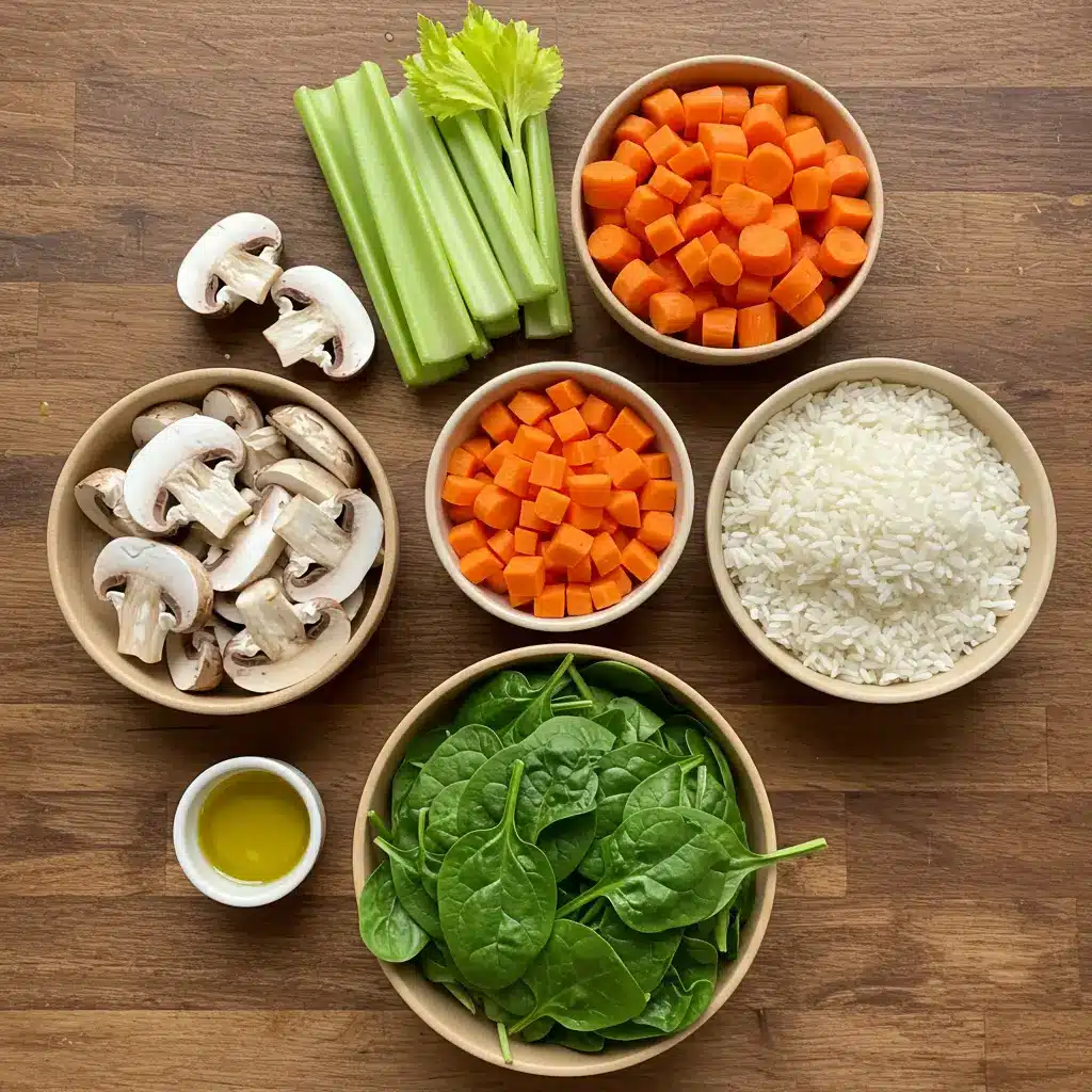 Mushroom Vegetable Rice Soup ingredients flat lay