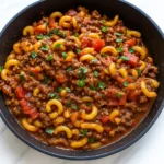 Old Fashioned Goulash in a skillet with melted cheese