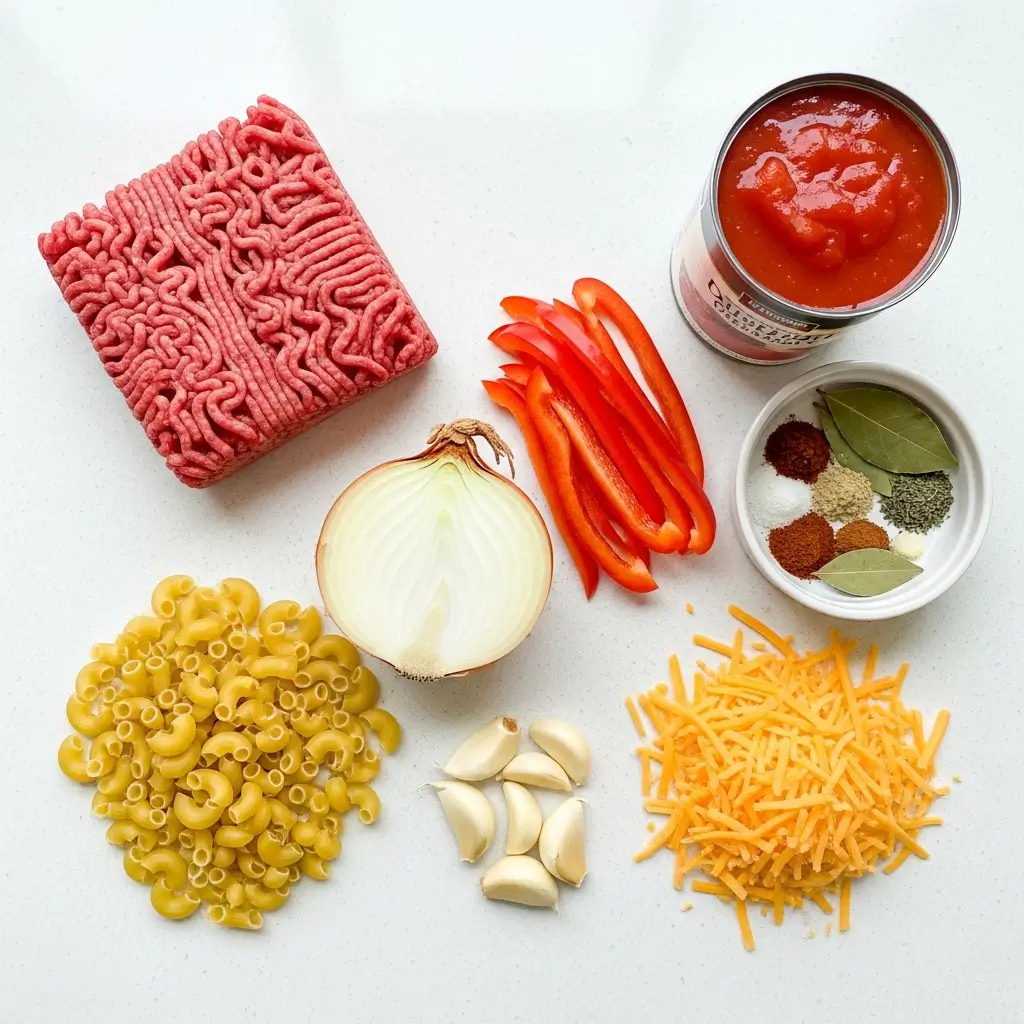 Ingredients for Old Fashioned Goulash laid out on counter