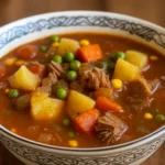 Old Fashioned Vegetable Beef Soup in rustic bowl