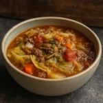 One-Pot Hamburger Cabbage and Onion Soup in rustic bowl