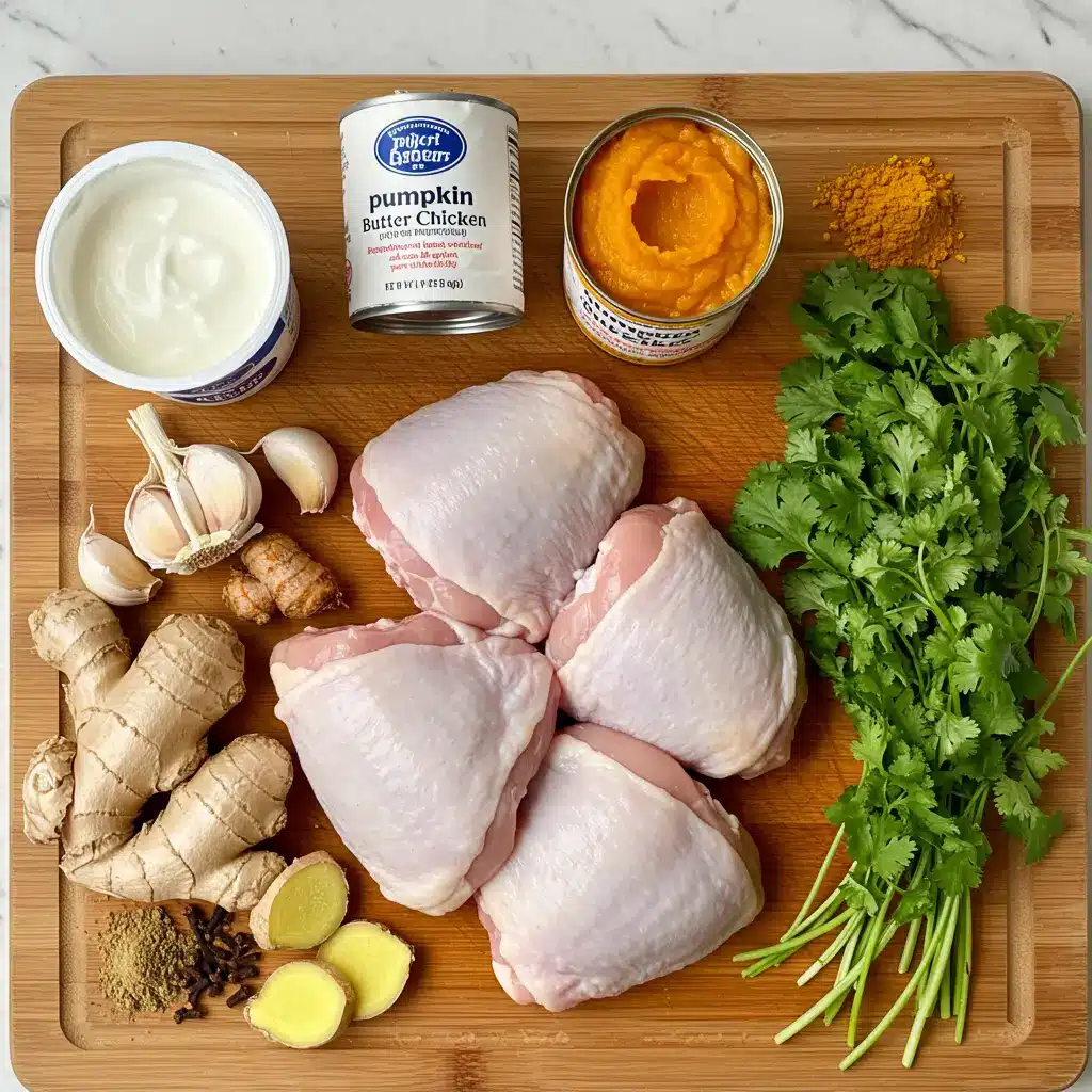 Ingredients for Pumpkin Butter Chicken on a wooden board