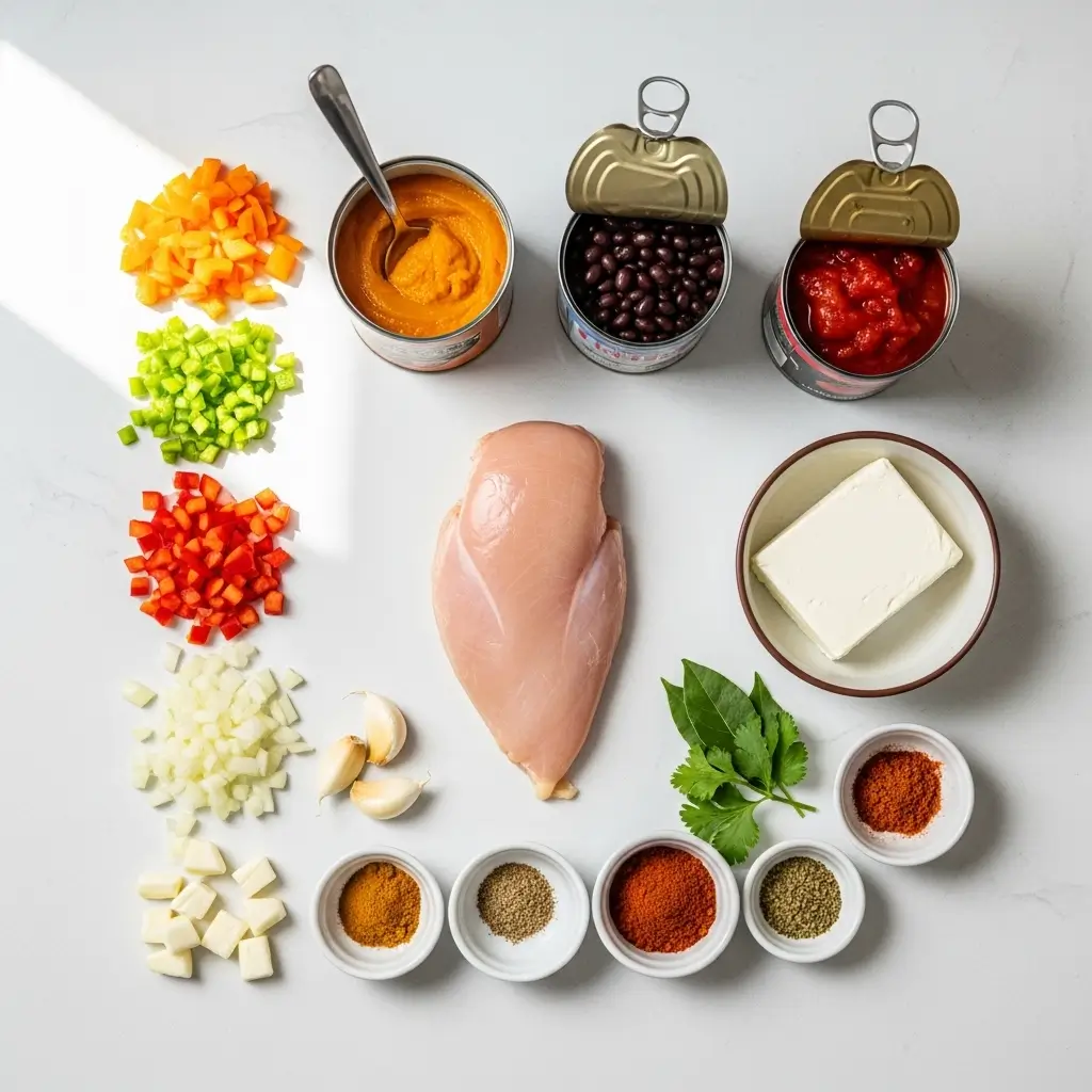 Ingredients for Pumpkin Chicken Chili laid out on counter