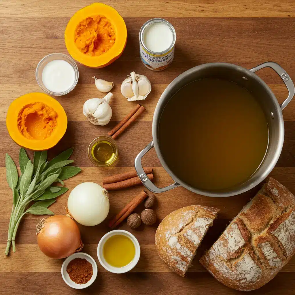 Pumpkin Sage Bisque ingredients on wooden table