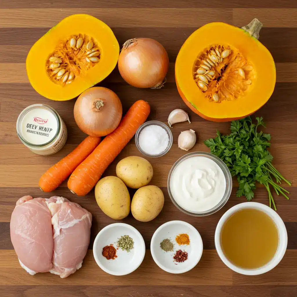 Pumpkin Soup Recipe ingredients on a wooden kitchen counter