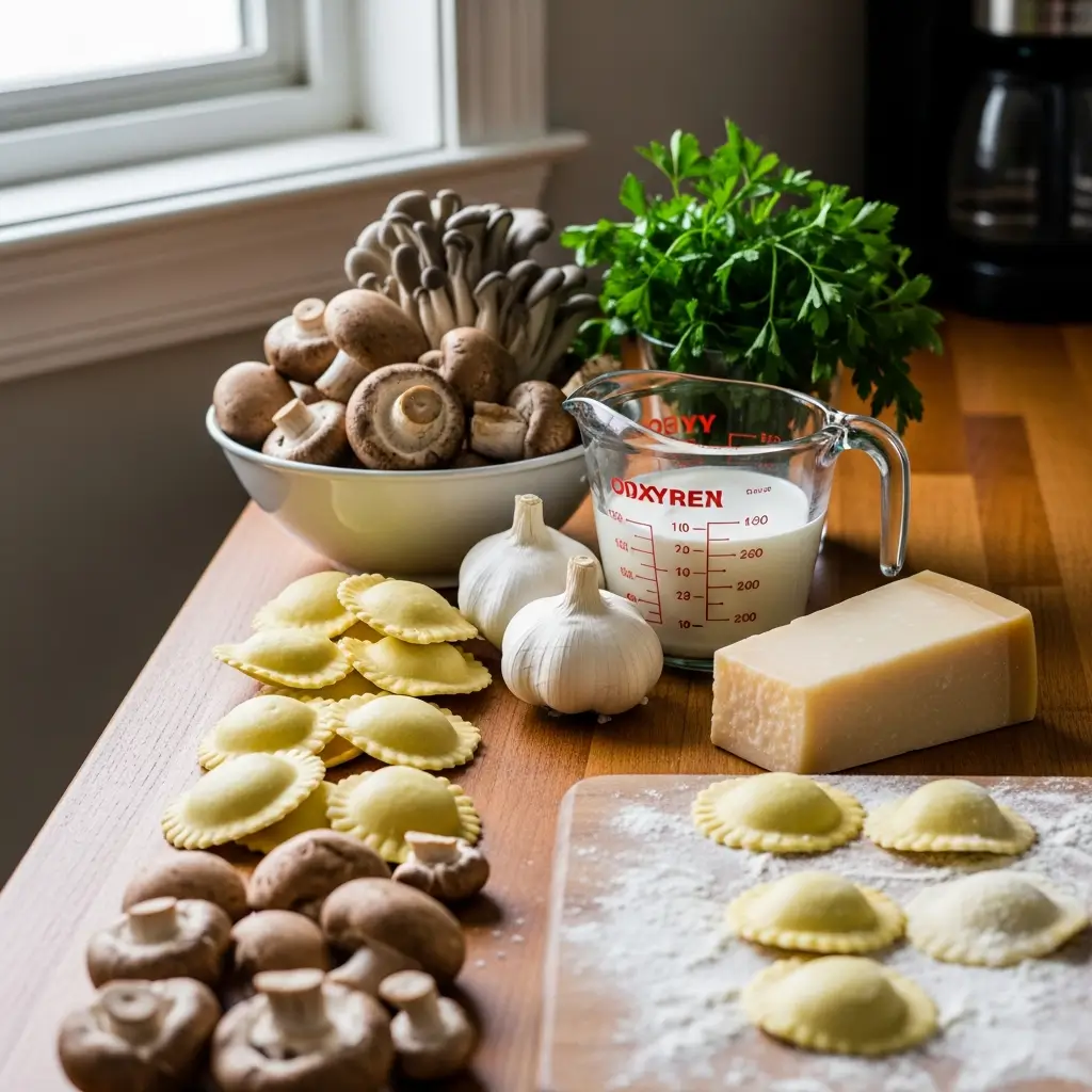 Ingredients for making Ravioli with Mushroom Cream Sauce