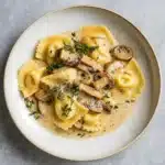 Ravioli with Mushroom Cream Sauce served hot in bowl