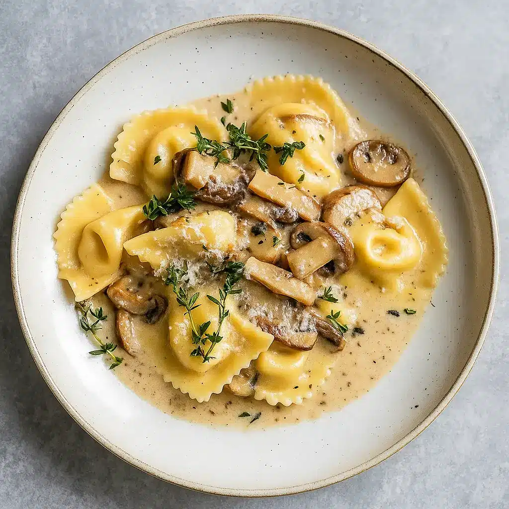 Ravioli with Mushroom Cream Sauce served hot in bowl