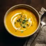 Roasted Acorn Squash Soup in a rustic bowl with pepitas