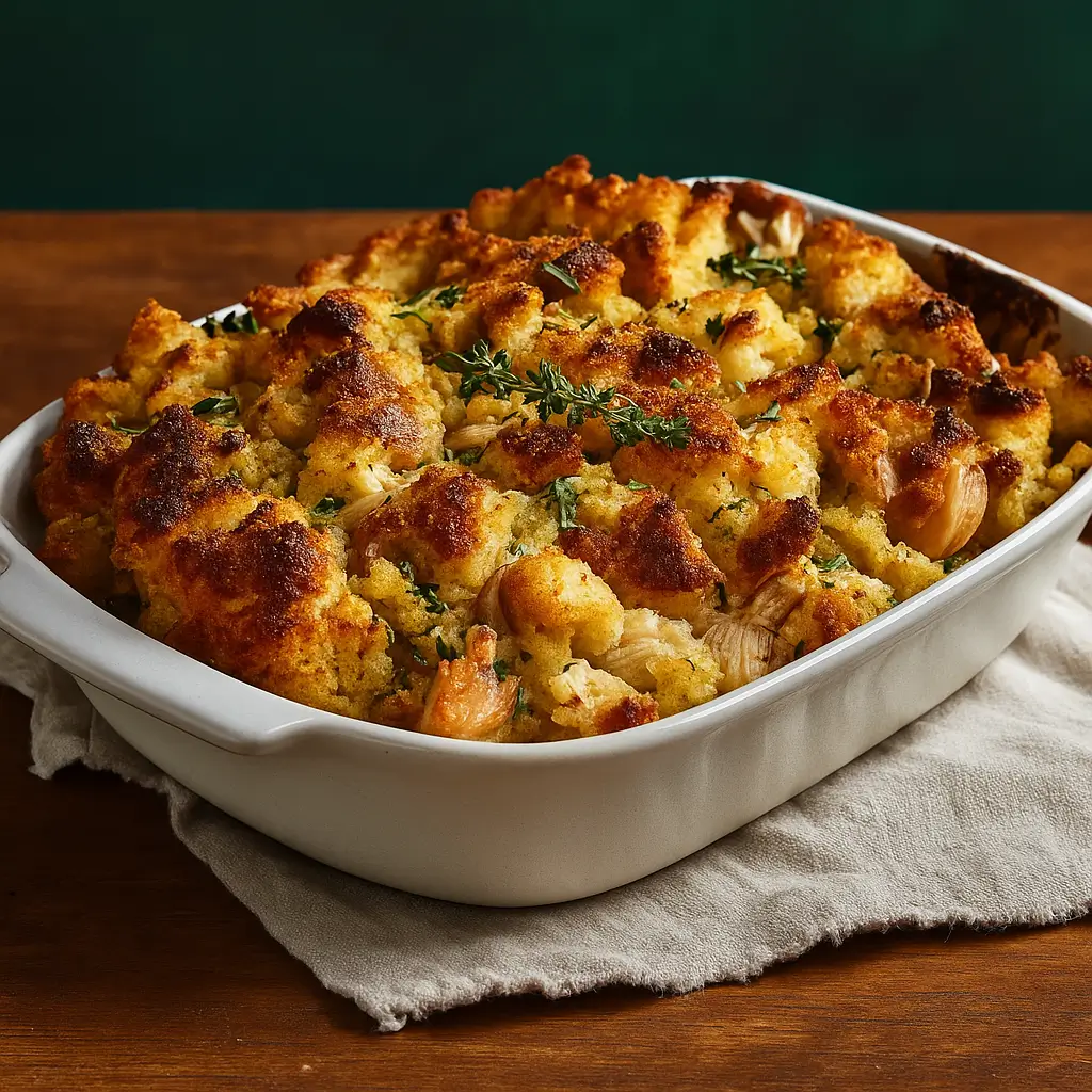 Rotisserie Chicken and Stuffing Casserole baked golden brown