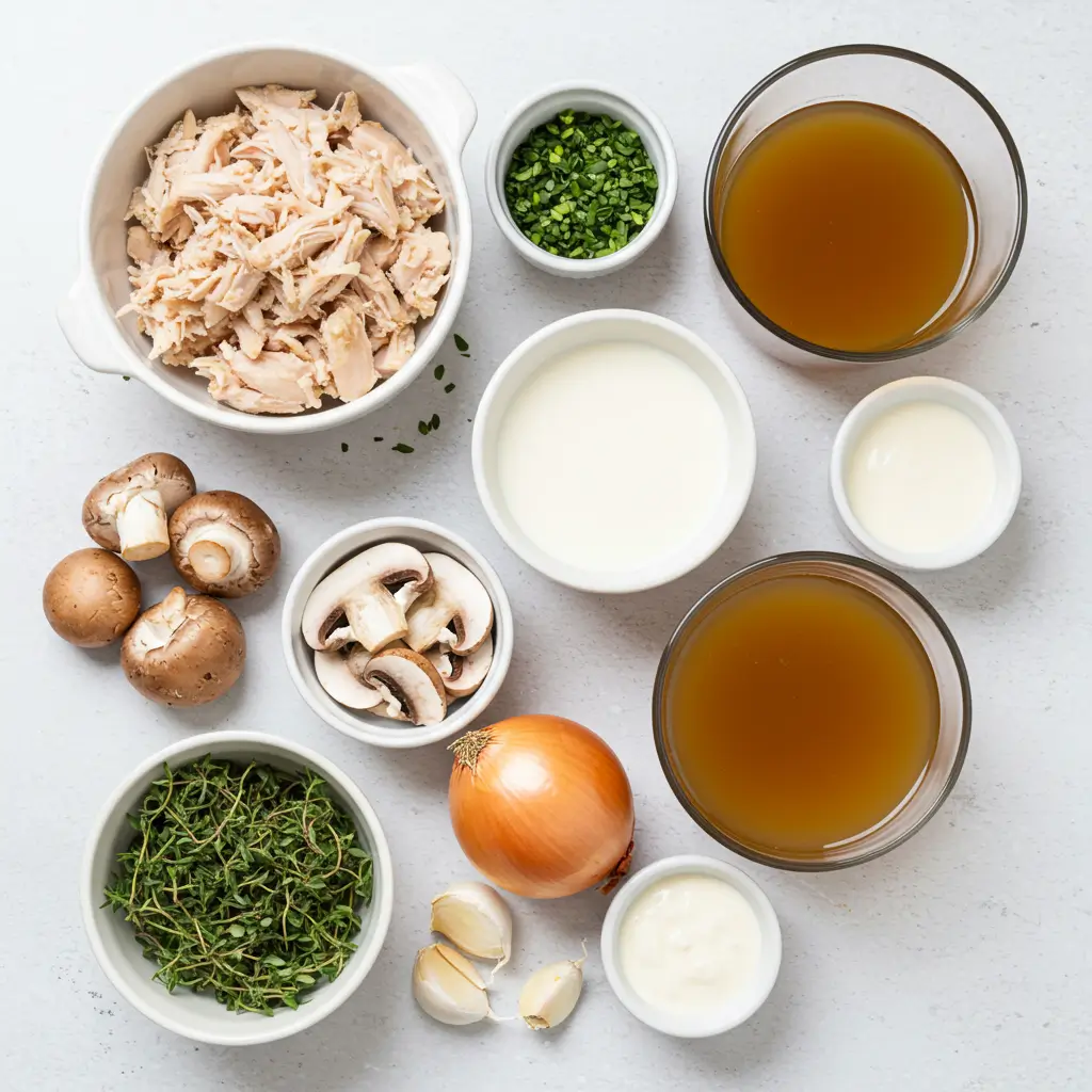 Ingredients for rotisserie chicken mushroom soup on white countertop