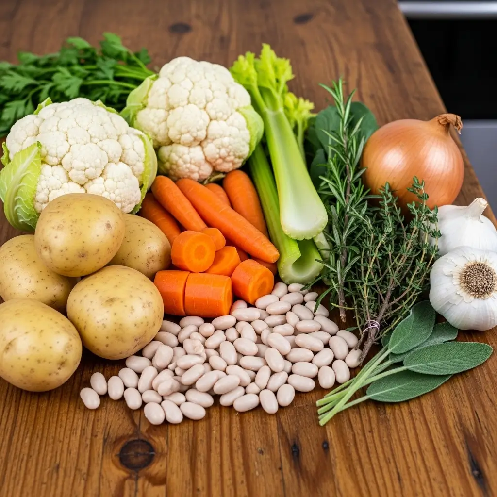 rustic soup fresh ingredients on wood counter