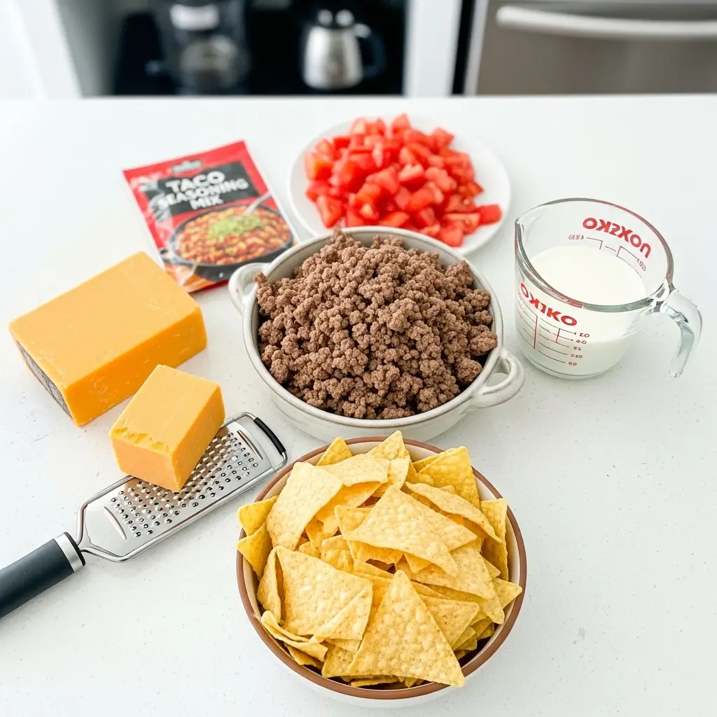 slow cooker beefy nacho soup ingredients laid out