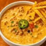 bowl of slow cooker nacho soup topped with cheese and tortilla chips