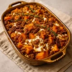 Southern Maple Sweet Potato Casserole in a rustic holiday setting