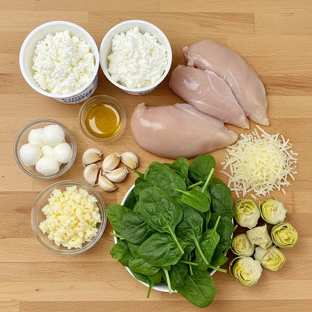 Ingredients for High-Protein Spinach Artichoke Chicken Casserole