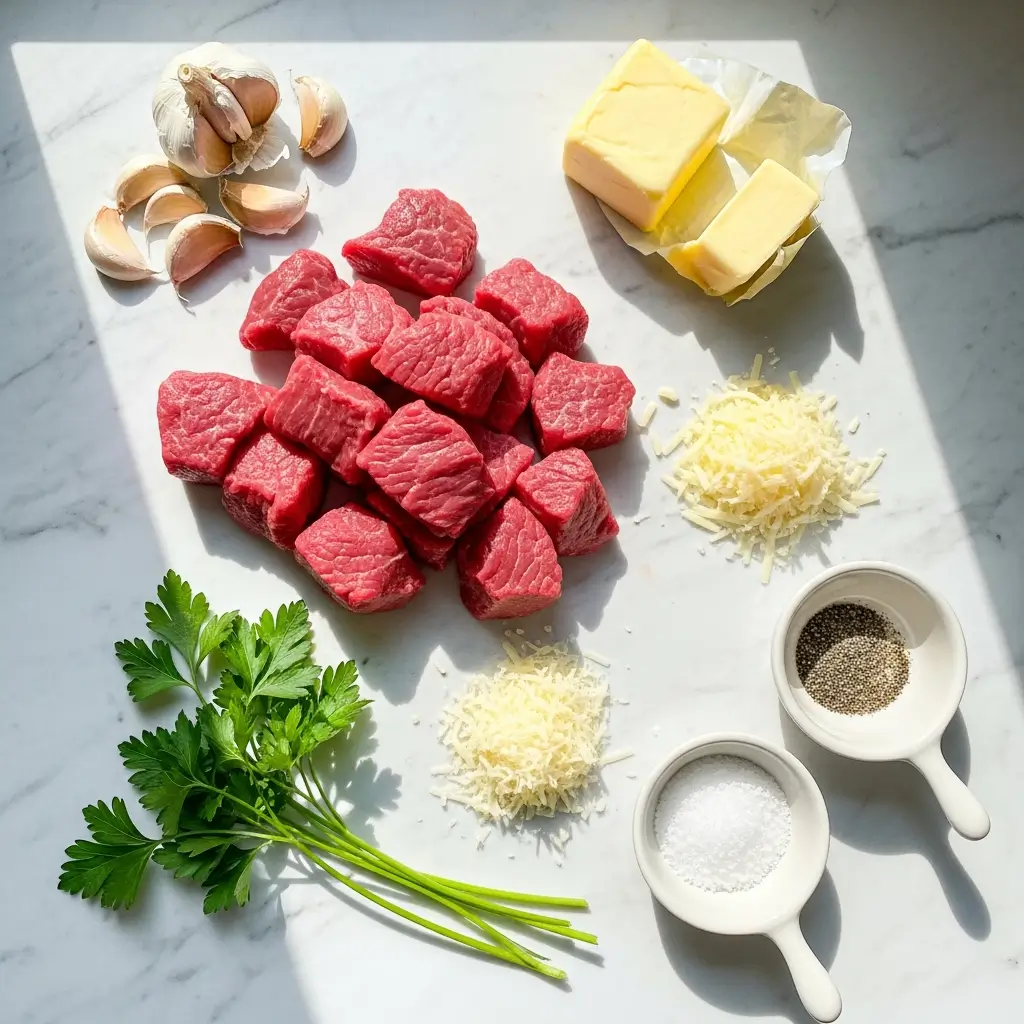 Ingredients for Mouthwatering Steak Bites in Garlic Butter with Creamy Parmesan Sauce