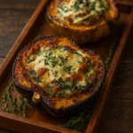 Stuffed Acorn Squash with Creamed Spinach on rustic table