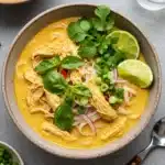 Thai Chicken Curry Soup with noodles, chicken, and fresh herbs in a bowl
