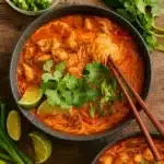 Thai Red Curry Noodle Soup in bowl with herbs and lime