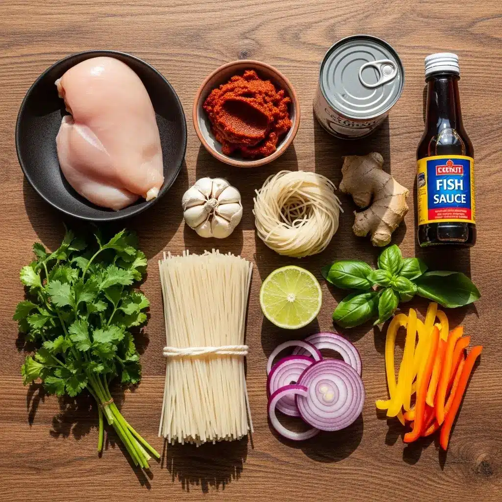 Ingredients for Thai Red Curry Noodle Soup on rustic table