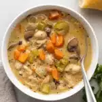 Overhead bowl of turkey and wild rice soup