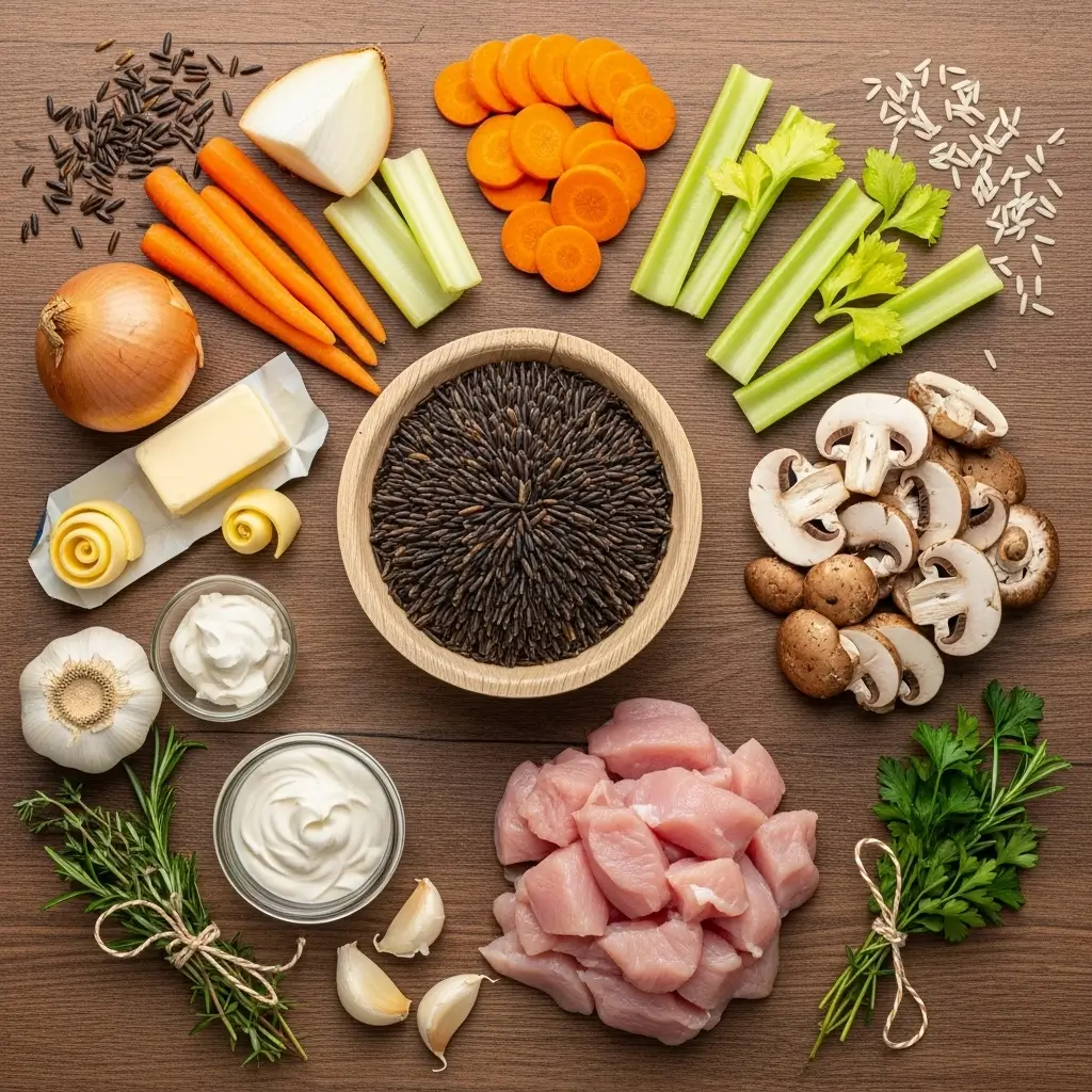 Ingredients for turkey and wild rice soup laid out on counter