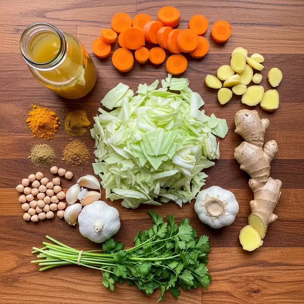 Ingredients for turmeric cabbage soup laid out