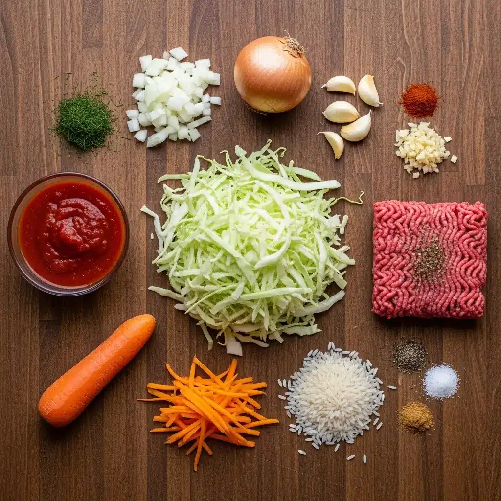 Unstuffed Cabbage Roll Soup ingredients flat lay