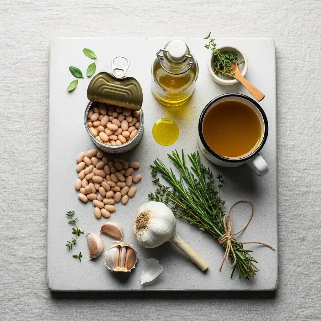 Ingredients for vegan rosemary garlic white bean soup