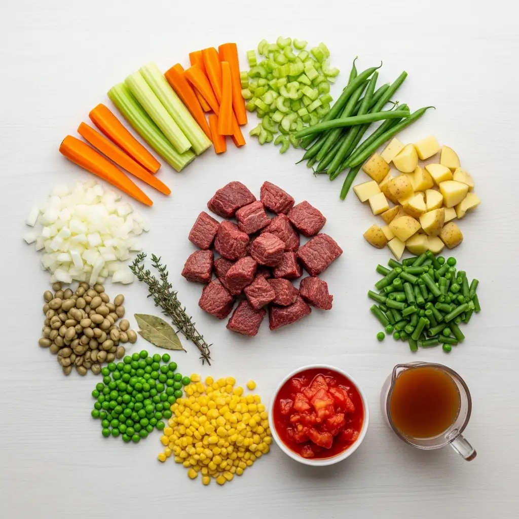 Vegetable beef soup recipe ingredients laid out