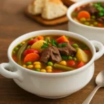 Vegetable beef soup recipe in rustic bowl