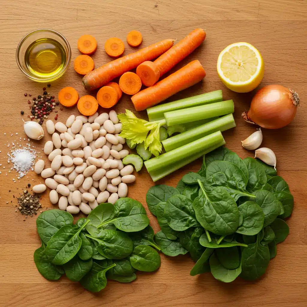 white bean soup recipe ingredients flat lay