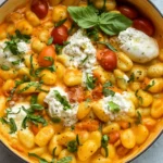 30 Minute Creamy Tomato Gnocchi with Burrata in skillet