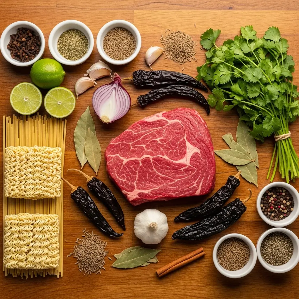 Ingredients for Amazing Birria Ramen on wooden surface