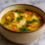 Anti-Inflammatory Turmeric Chicken Soup with chicken, rice, and vegetables
