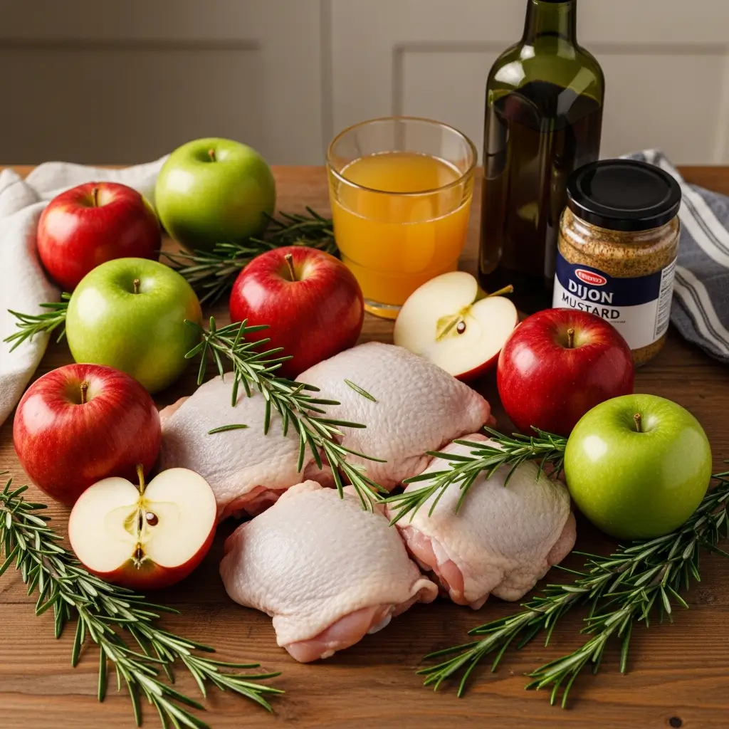apple cider chicken ingredients flat lay