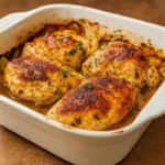 Baked Ranch Chicken in white baking dish with herbs