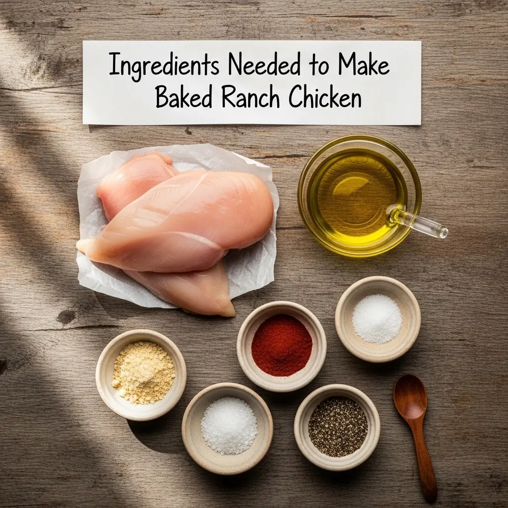 Ingredients for baked ranch chicken laid out on wooden surface