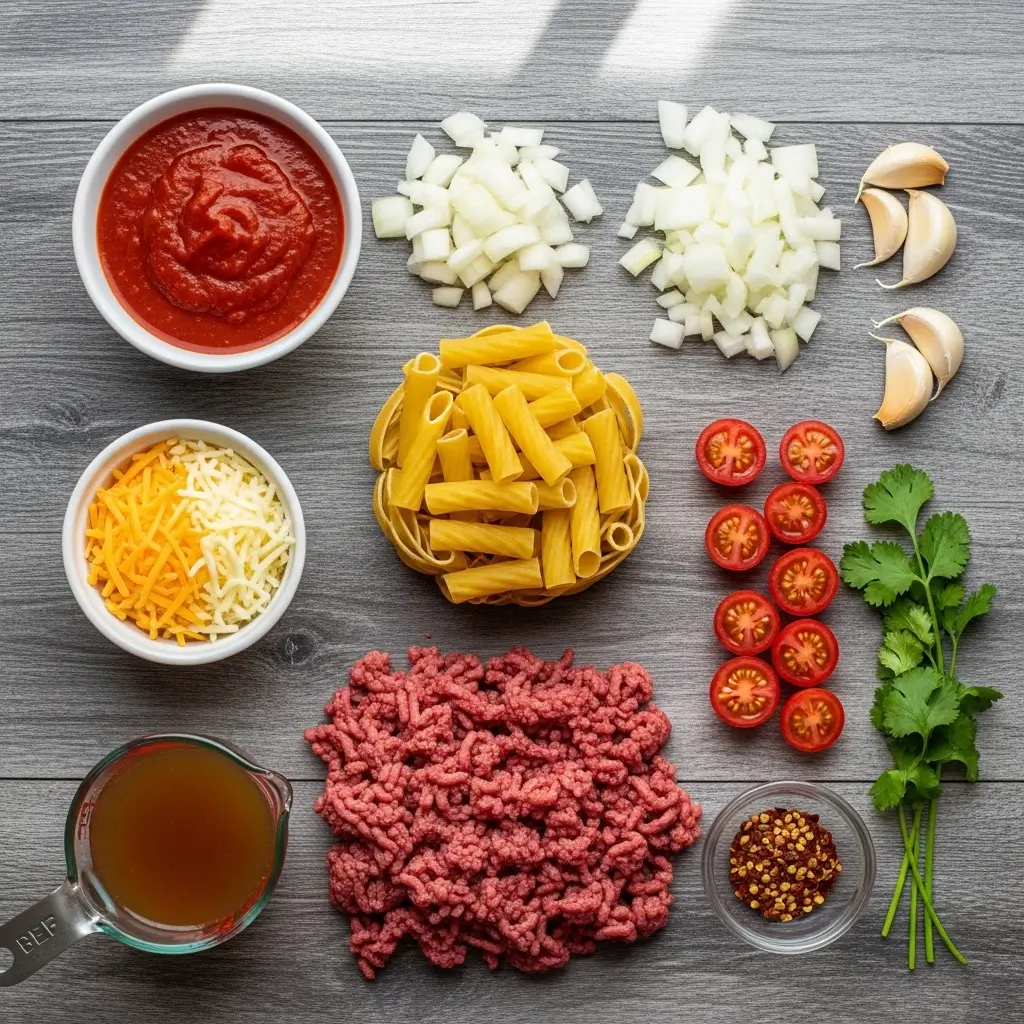 Ingredients for Beef Enchilada Pasta One-Pan Meal