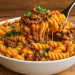 Beef Enchilada Pasta One-Pan Meal in skillet