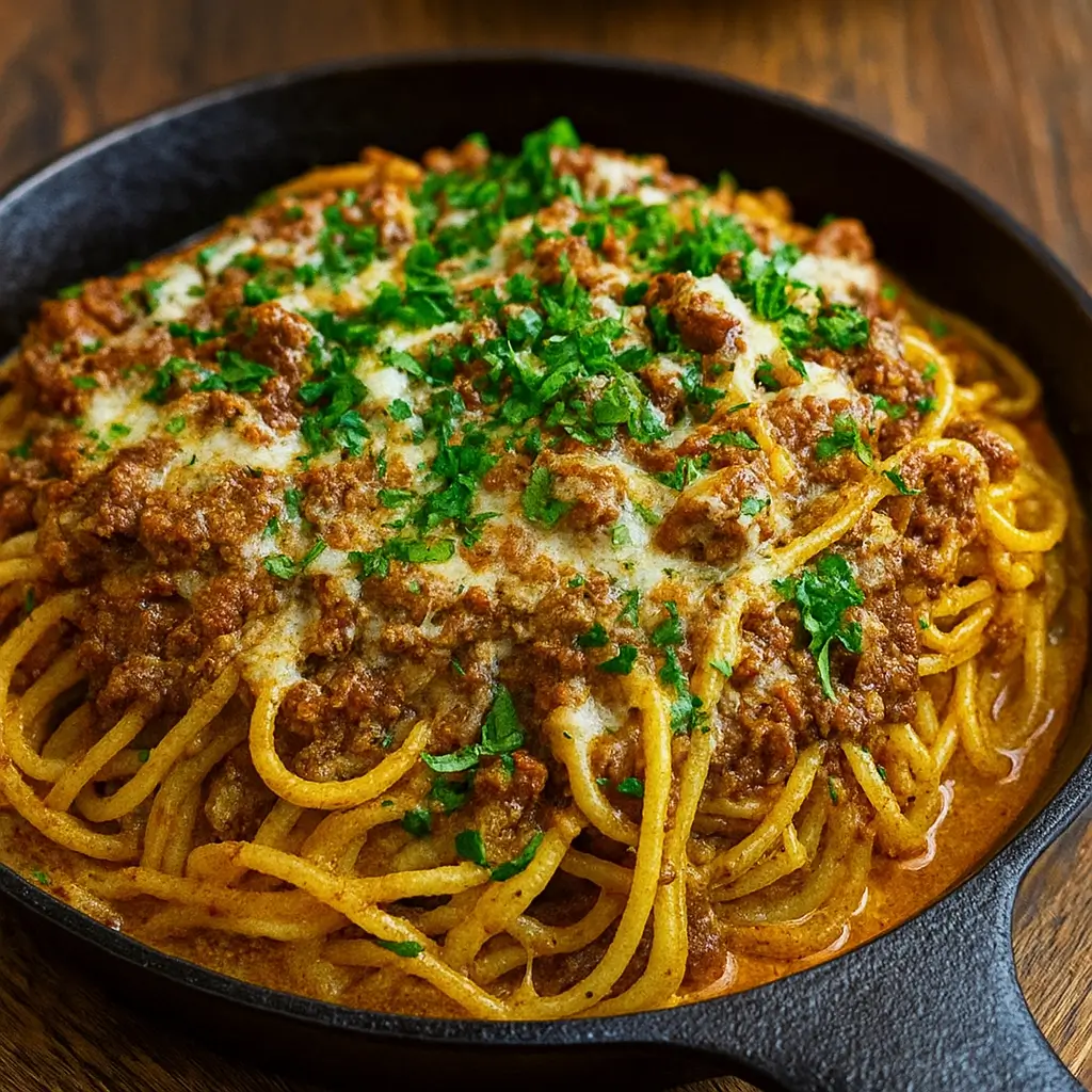 Cajun Beef Spaghetti in Creamy Three-Cheese Parmesan Sauce – Quick, Bold, and Easy