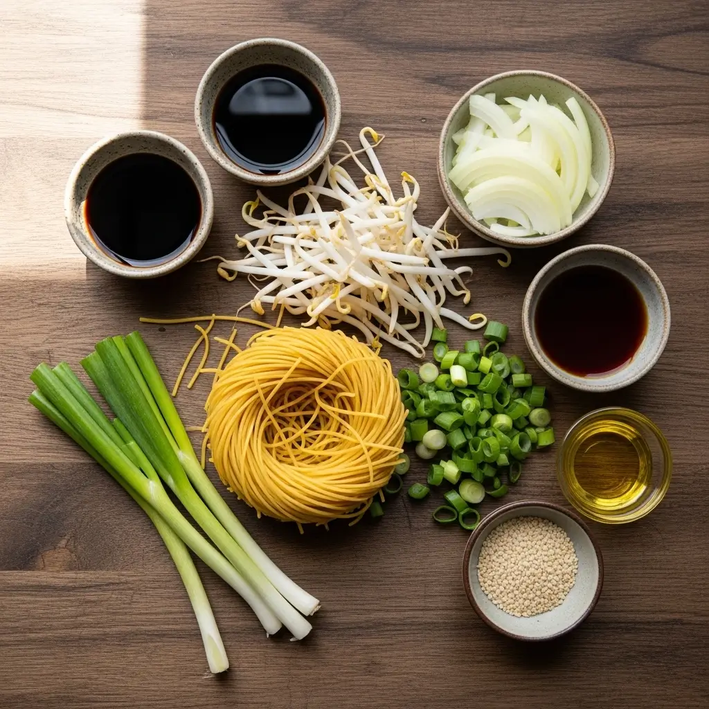 Ingredients for Cantonese Chow Mein laid out on kitchen counter